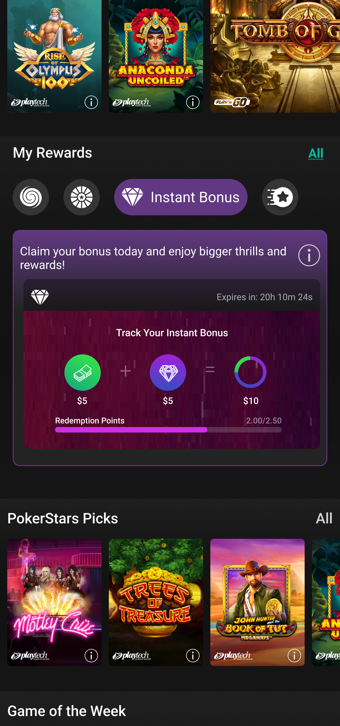 Lobby — Instant Bonus tab