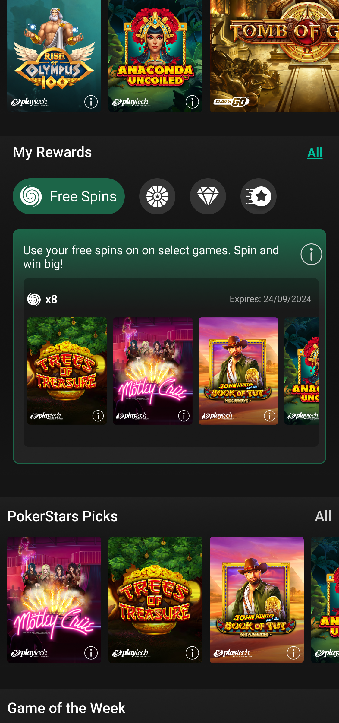 Lobby — Free Spins tab active