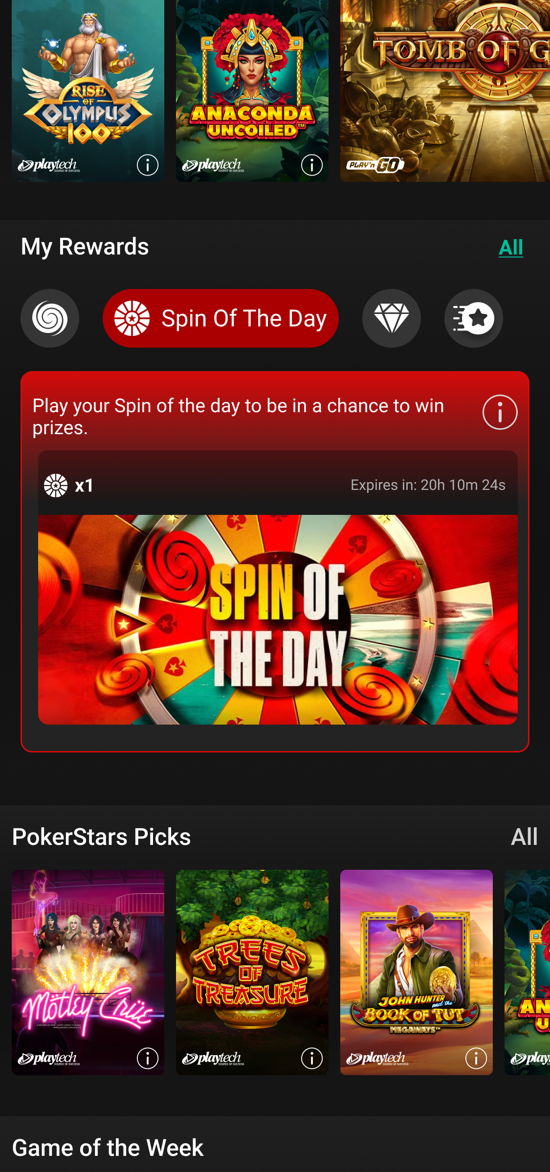 Lobby — Spin of the Day tab active