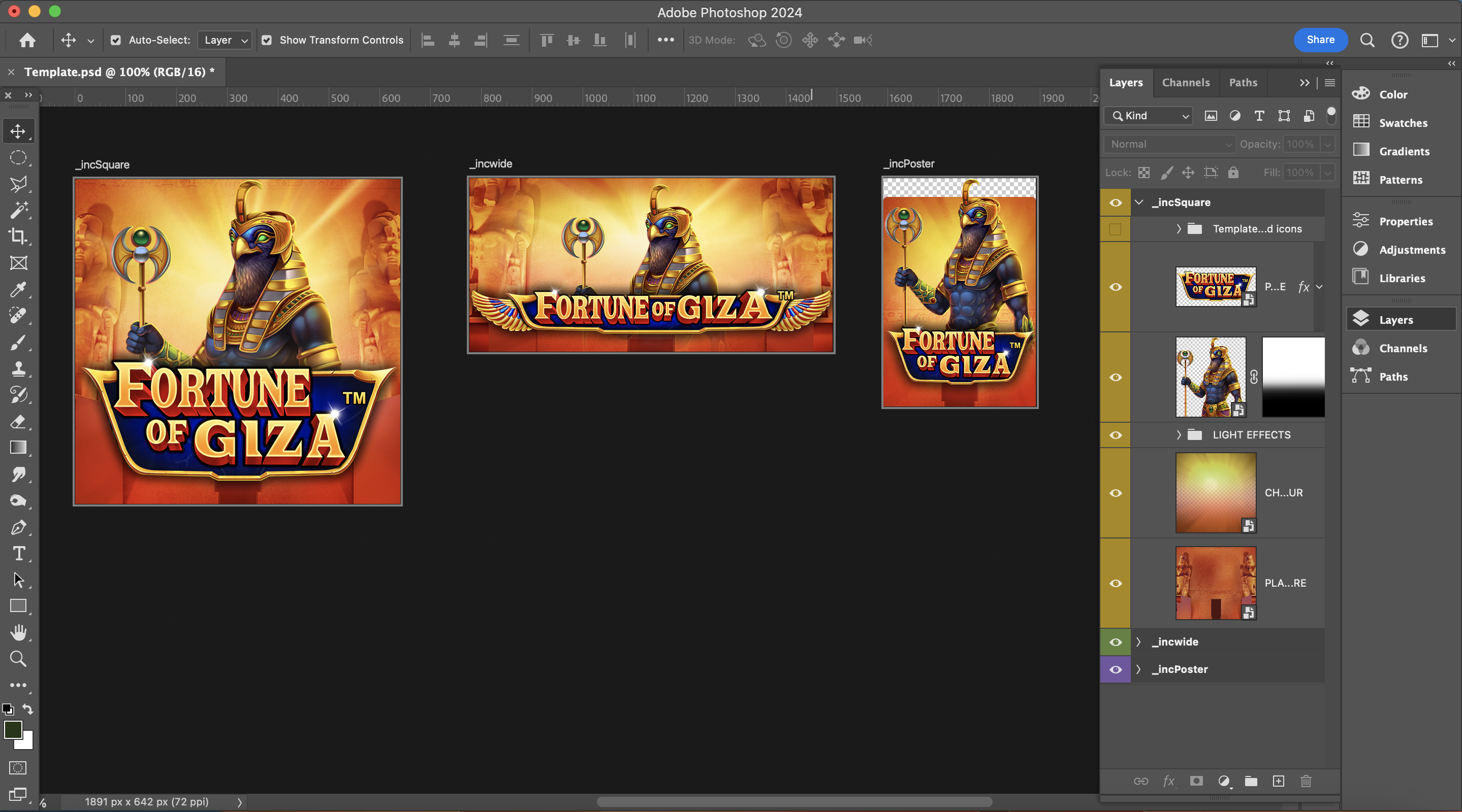 Photoshop template showing icnSquare, icnWide and icnPoster for Fortune of Giza
